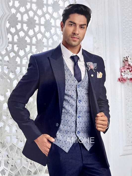 Imported Fabric Premium Three Piece Party Suit for Men Blue