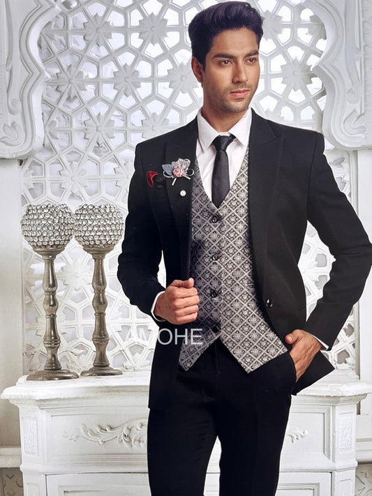 Imported Fabric Premium Three Piece Party Suit for Men Black