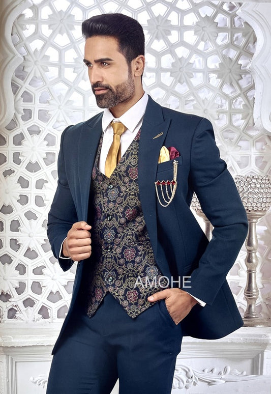 Imported Fabric Premium Three Piece Party Suit for Men Teal Blue