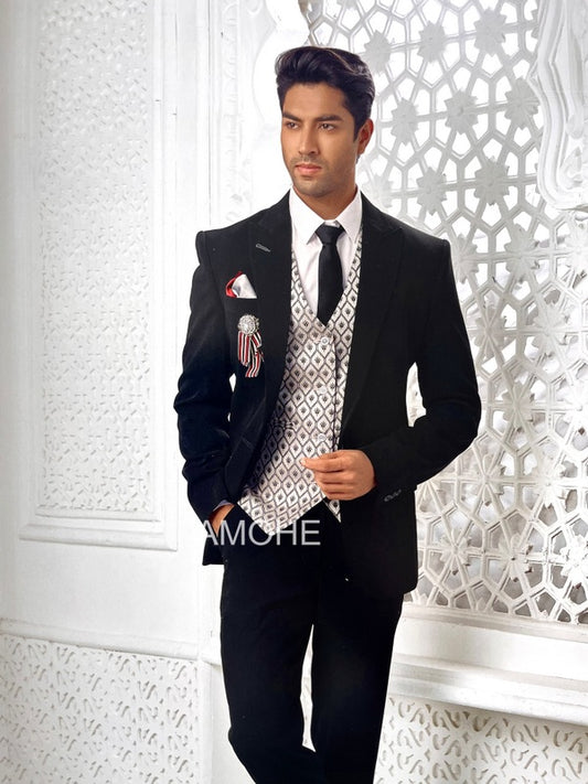 Imported Fabric Premium Three Piece Party Suit for Men Black