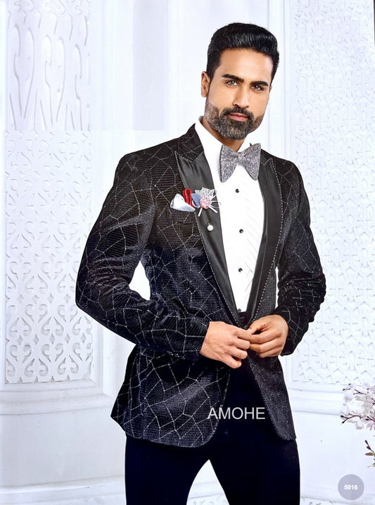 Ethnic Sequins Work Tuxedo Suit for Man Black