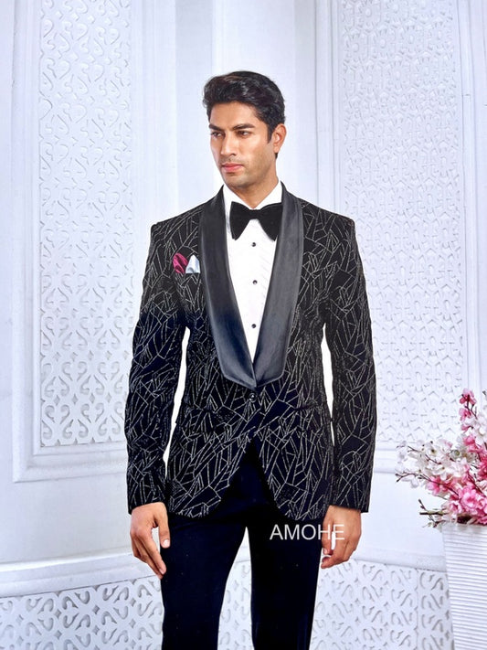 Ethnic Sequins Work Tuxedo Suit for Man Black