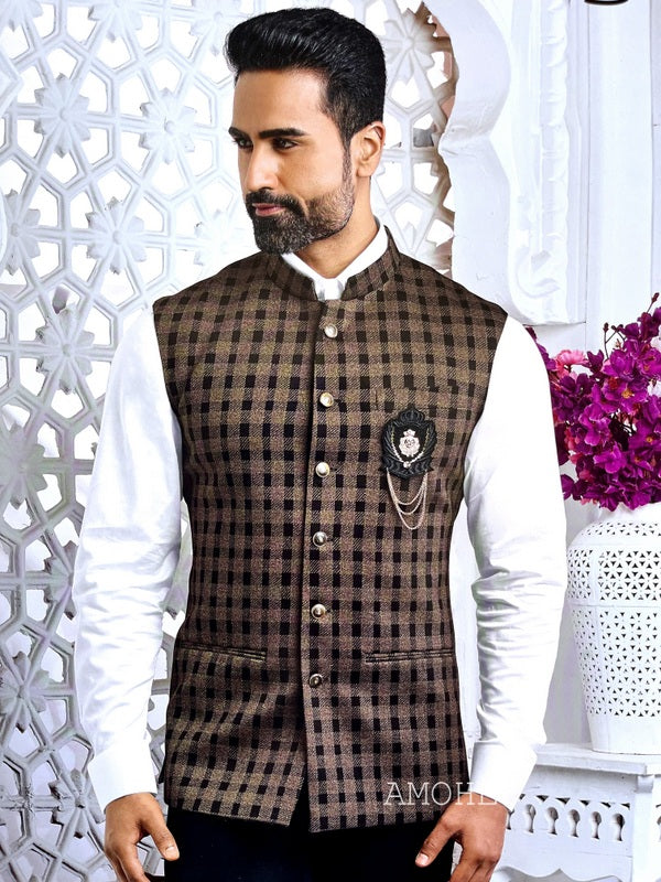 Tweed Wool Checks Nehru Jacket for Man