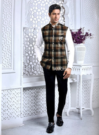 Tweed Wool Checks Nehru Jacket for Man