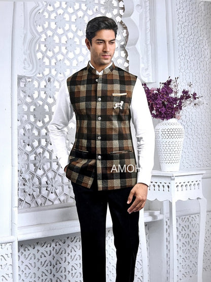 Tweed Wool Checks Nehru Jacket for Man