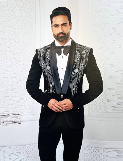 Ethnic Sequins Zari Thread Embroidery Work Tuxedo Suit for Man Black