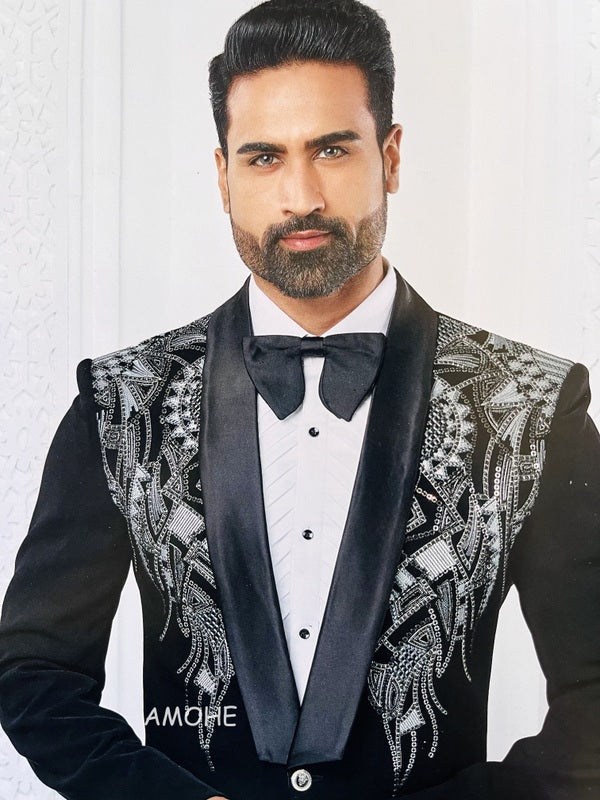 Ethnic Sequins Zari Thread Embroidery Work Tuxedo Suit for Man Black