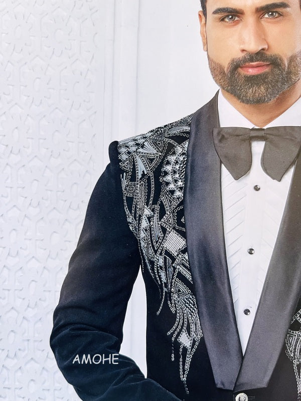 Ethnic Sequins Zari Thread Embroidery Work Tuxedo Suit for Man Black