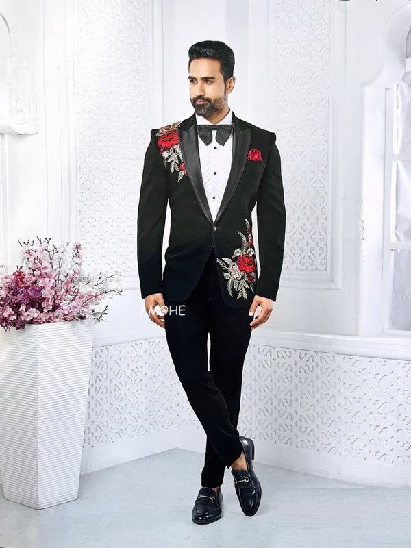 Ethnic Sequins Zari Thread Embroidery Work Tuxedo Suit for Man Black