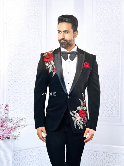 Ethnic Sequins Zari Thread Embroidery Work Tuxedo Suit for Man Black