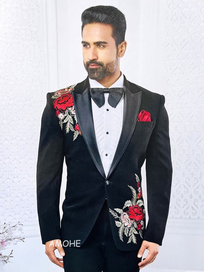 Ethnic Sequins Zari Thread Embroidery Work Tuxedo Suit for Man Black