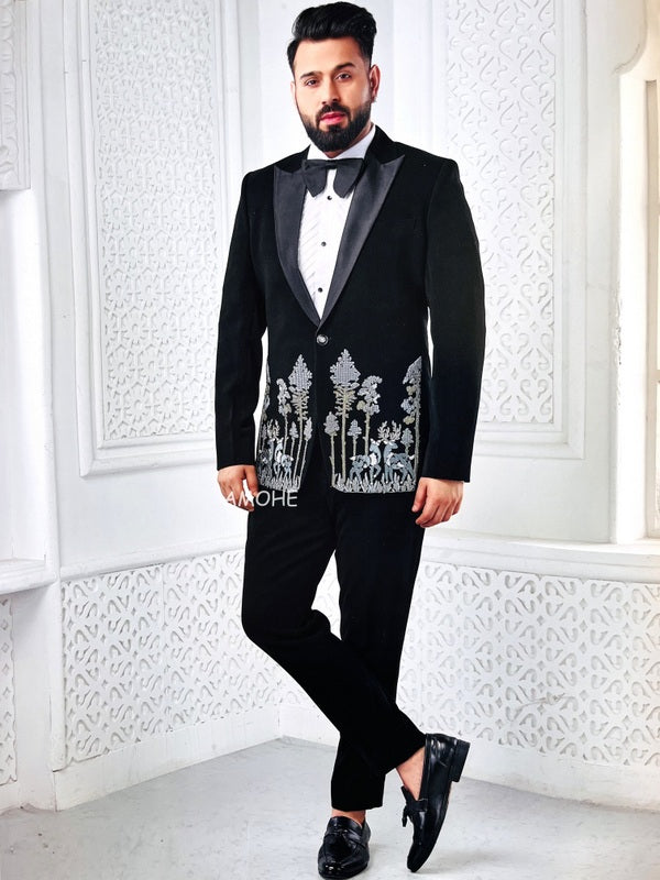 Ethnic Sequins Zari Cutdana Thread Embroidery Work Tuxedo Suit for Man Black