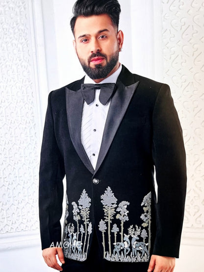 Ethnic Sequins Zari Cutdana Thread Embroidery Work Tuxedo Suit for Man Black