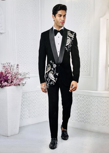 Ethnic Thread Embroidery Work Tuxedo Suit for Man Black