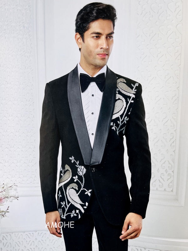 Ethnic Thread Embroidery Work Tuxedo Suit for Man Black