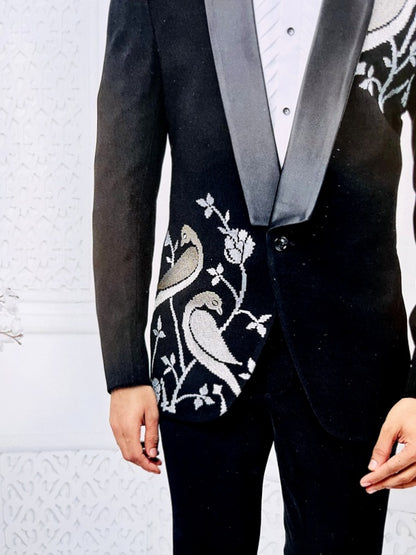 Ethnic Thread Embroidery Work Tuxedo Suit for Man Black