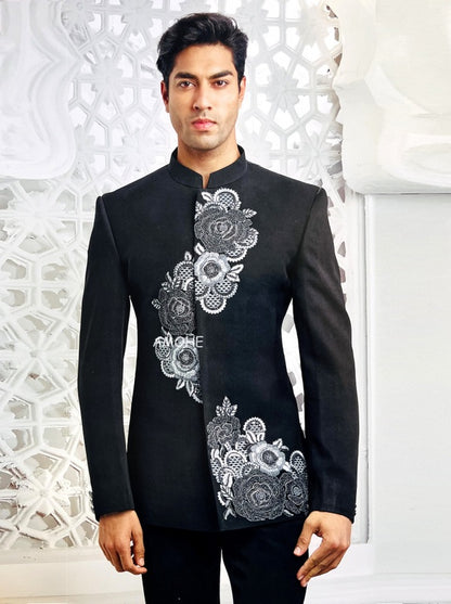 Ethnic Sequins Zari Thread Embroidery Work Jodhpuri Suit for Man Black