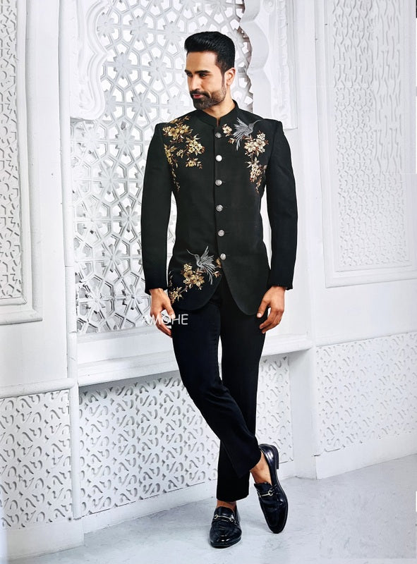 Ethnic Zari Thread Embroidery Work Jodhpuri Suit for Man Black