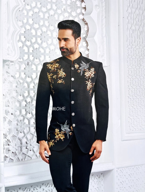 Ethnic Zari Thread Embroidery Work Jodhpuri Suit for Man Black