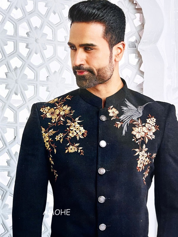 Ethnic Zari Thread Embroidery Work Jodhpuri Suit for Man Black