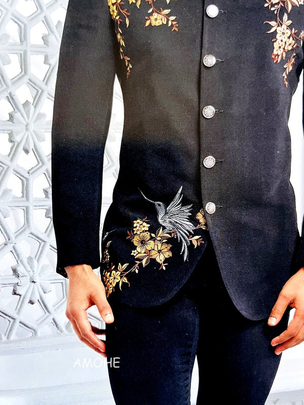 Ethnic Zari Thread Embroidery Work Jodhpuri Suit for Man Black