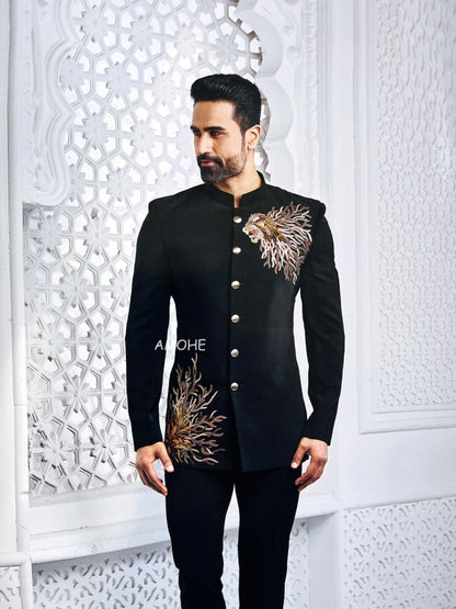 Ethnic Sequins Zari Thread Embroidery Work Jodhpuri Suit for Man Black