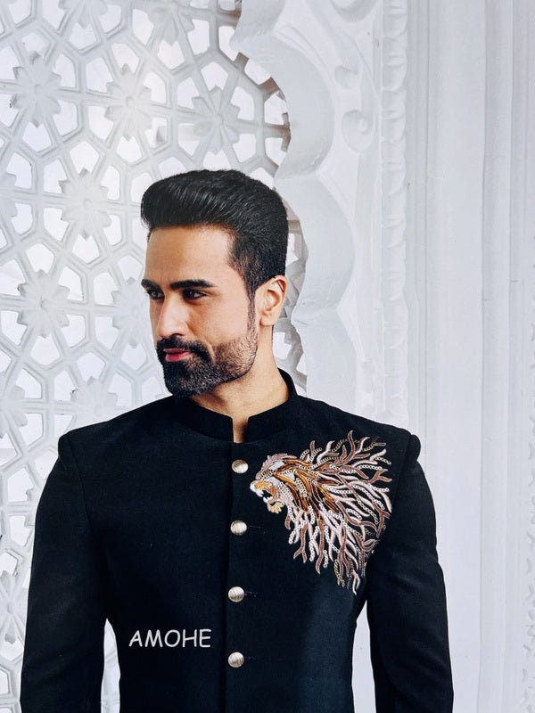 Ethnic Sequins Zari Thread Embroidery Work Jodhpuri Suit for Man Black