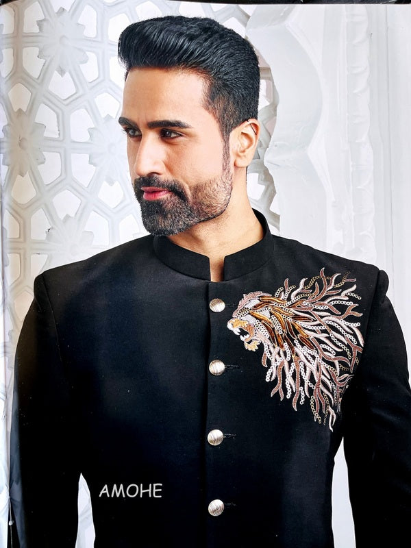 Ethnic Sequins Zari Thread Embroidery Work Jodhpuri Suit for Man Black