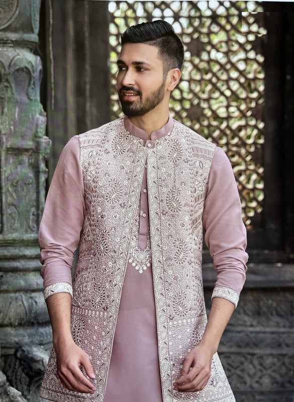 Indian Ethnic Long Open Nehru Jacket with Kurta Pajama Man