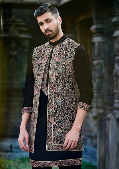 Indian Ethnic Long Open Nehru Jacket with Kurta Pajama Man