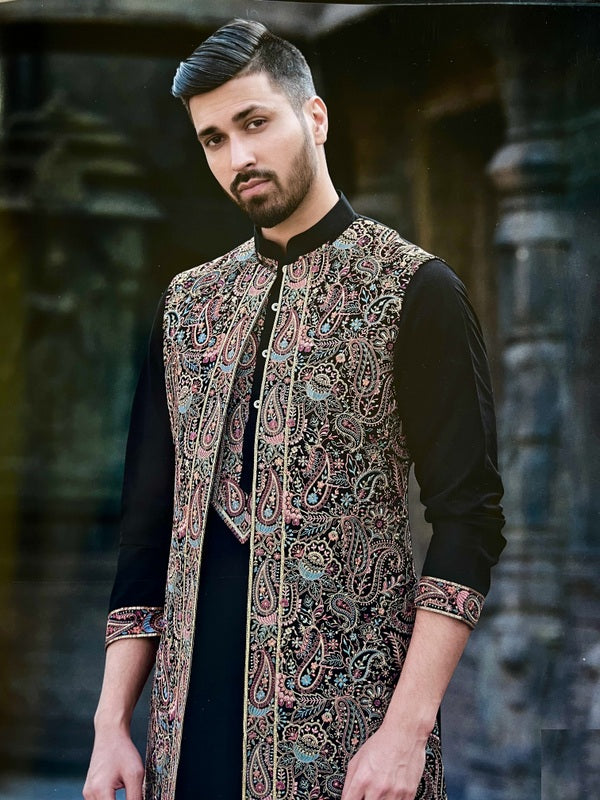 Indian Ethnic Long Open Nehru Jacket with Kurta Pajama Man