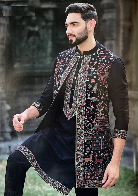 Indian Ethnic Long Open Nehru Jacket with Kurta Pajama Man