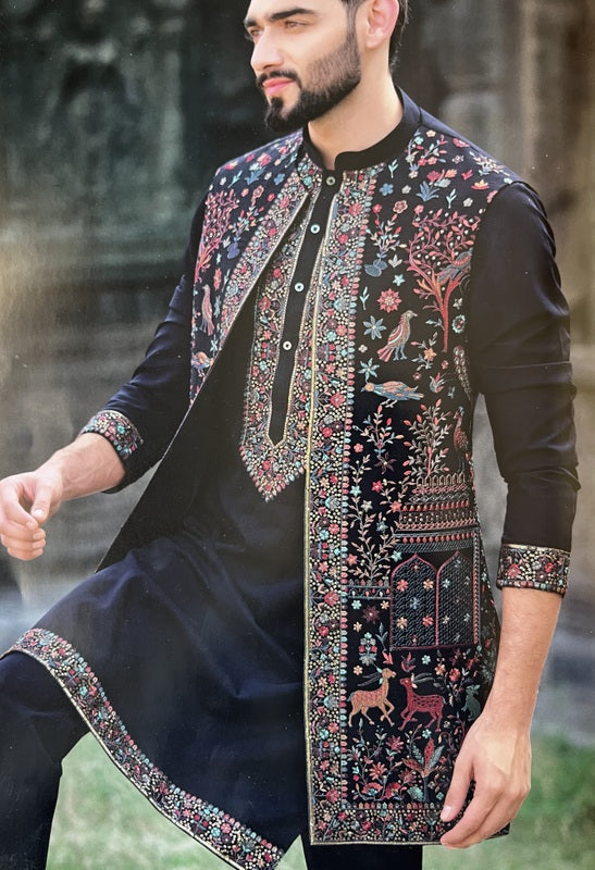 Indian Ethnic Long Open Nehru Jacket with Kurta Pajama Man