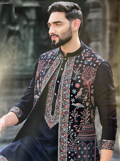 Indian Ethnic Long Open Nehru Jacket with Kurta Pajama Man