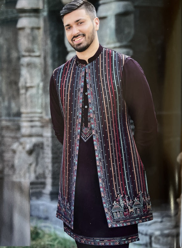 Indian Ethnic Long Open Nehru Jacket with Kurta Pajama Man