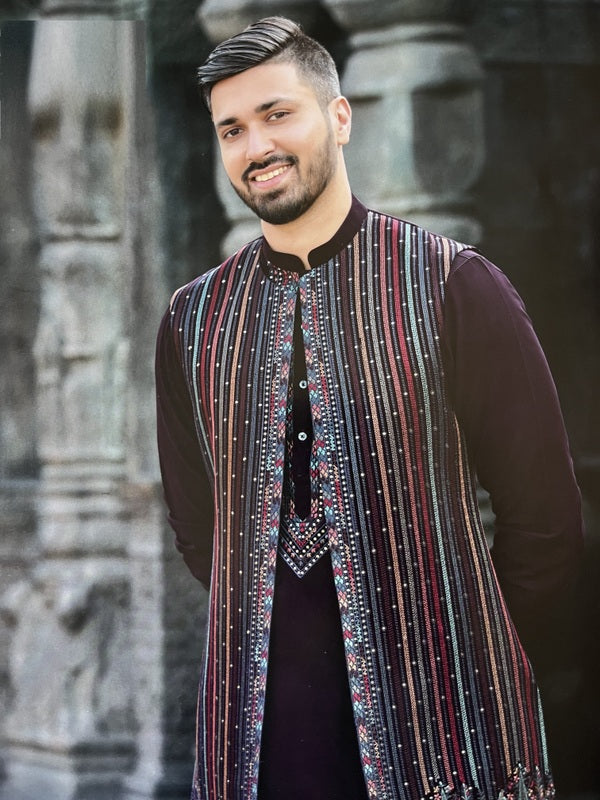 Indian Ethnic Long Open Nehru Jacket with Kurta Pajama Man