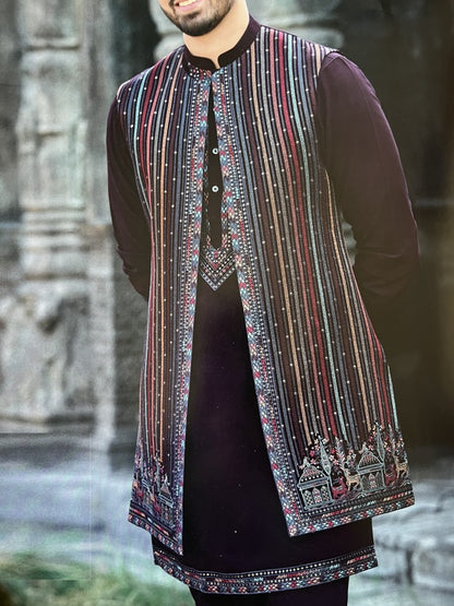 Indian Ethnic Long Open Nehru Jacket with Kurta Pajama Man