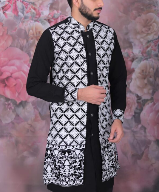 Indian Ethnic Embroidery open Indowestern attach Kurta and Pajama Set